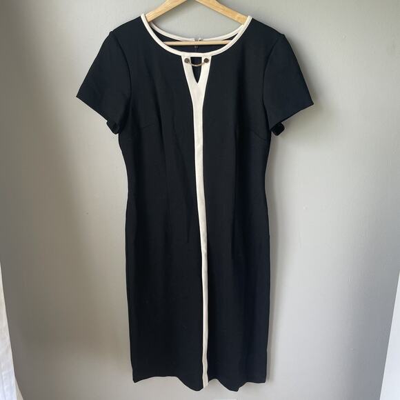 TALBOTS PONTE KNIT DRESS SIZE 6-BLACK-IVORY TRIM-BACK ZIP & SLIT-SHORT SLEEVES - Picture 4 of 11